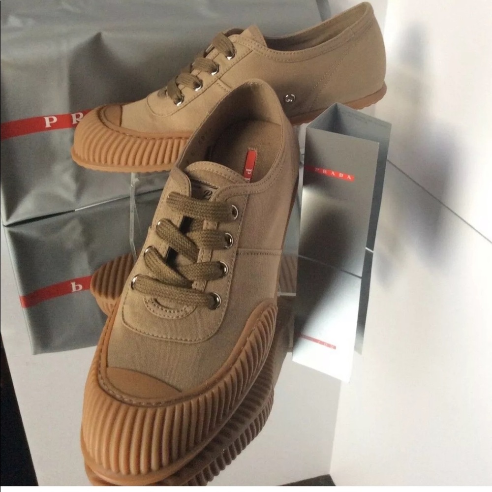 Prada New Sz.35.5 Gaberdine Khaki Lace up Sneaker - Picture 7 of 14